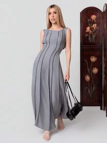 PRISCILA ESCOTO PRISCILA ESCOTO Women's Casual Grey Plain Woven Sleeveless Round Neck Maxi Dress With Flared Hem And Plicated Details Long Tank Dress - Grey - View 1