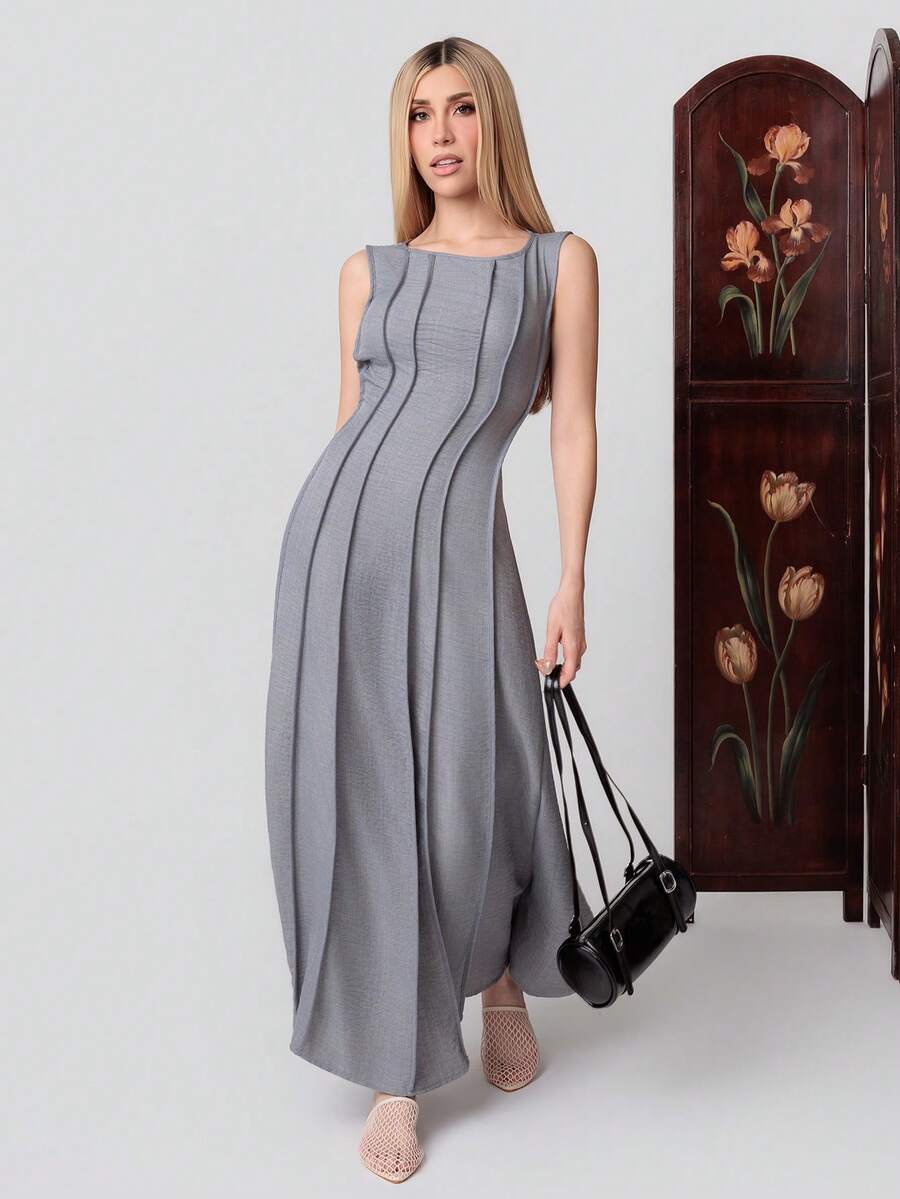 PRISCILA ESCOTO PRISCILA ESCOTO Women's Casual Grey Plain Woven Sleeveless Round Neck Maxi Dress With Flared Hem And Plicated Details Long Tank Dress - Grey - View 1