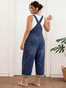 Lounesse Plus Size Dark Wash Denim Capri Overalls, Side Button Detail Cuffed Raw Hem Loose Wide Leg Cropped Jumpsuit,Summer,Fall,Halloween,Back To School,Beach - Blue - View 6
