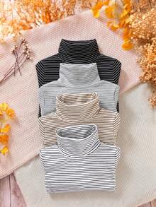 SHEIN 4pcs Baby Girl High Neck Striped Thick Composite Material Loose Versatile Base Layer Tops Suitable For Winter - Multicolor - View 2