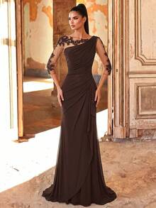 Aureia Rust Brown,Winter,Elegant,Formal,Wedding Embroidered Lace Sheer Long Sleeve Elastic Knit Mesh Ruched Mermaid Hem Dress,Parties,Bridal Shower Fall - Coffee Brown - View 4