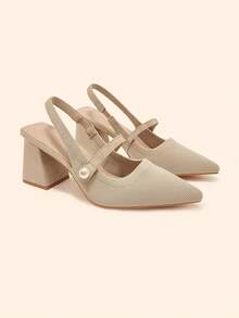 CUCCOO BASICS 時尚經典飛織透氣舒適通勤派對宴會尖頭粗高跟女鞋 Slingback 露跟高跟鞋 - 杏色 - 查看 5