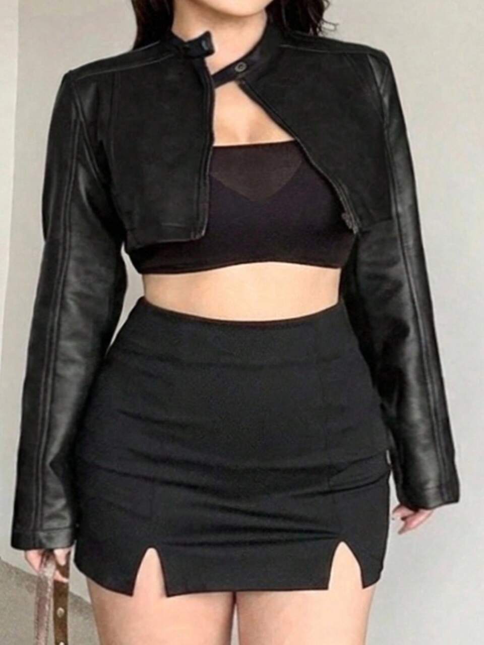 Dazy Plus Plus Size Women's Solid Color Ultra Short PU Biker Cropped Jacket Fall
