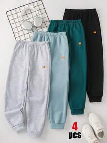 SHEIN 4件套儿童/青少年男童休闲百搭运动裤套装，包含橄榄绿、浅灰色、炭蓝色和黑色，适合通勤、上学、日常休闲穿着、运动以及秋冬季节穿着。 - 彩色 - 查看 4