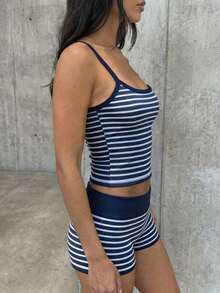 SHEIN EZwear 女士条纹吊带背心和短裤休闲两件套 - 藏蓝色 - 查看 3