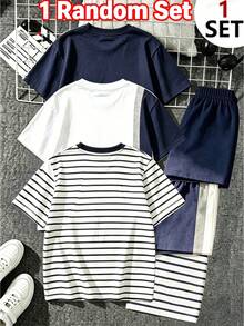 3套組，隨機發貨1套青少年男孩夏季休閒套裝 短袖T恤+短褲 2件套 馬刺繡設計 3款隨機發貨 舒適棉質大童運動夏裝 - 彩色 - 查看 2