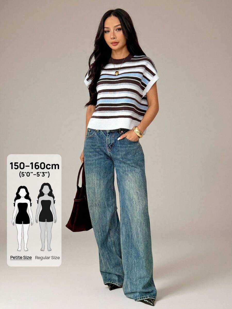 SHEIN PETITE 女款藍白條紋拼色休閒學院風百搭日常針織上衣 開學季 畢業季 大學 粉白配色 夏季早午餐 - 彩色 - 查看 1