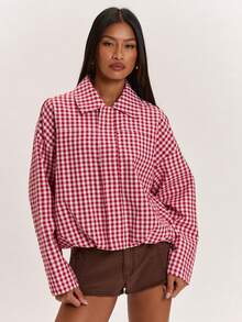SHEIN BAE 女款格紋休閒百搭日常長袖夾克 - 紅色 - 查看 4