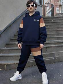 Conjunto de 2 piezas de sudadera con capucha y pantalones de chándal para niño preadolescente, vuelta al colegio, adecuado para desplazamientos - Multicolor - Ver 7
