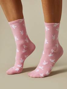 Missguided x Playboy Crew Socks With Allover Bird Print Ribbed Knit Cuff Casual Everyday Comfort Mid-Calf Length - Pink white - View 4