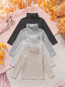 SHEIN 4pcs Baby Girl High Neck Striped Thick Composite Material Loose Versatile Base Layer Tops Suitable For Winter - Multicolor - View 3