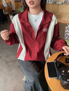 Dazy Plus Colorblock Patchwork Loose Street Casual Letter Print Red Jacket Spring Autumn - Red - View 3