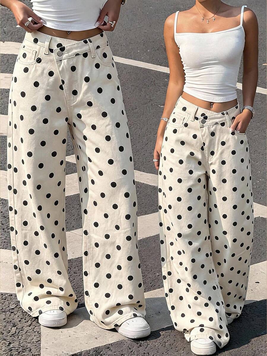 SHEIN Tween Girl Polka Dot Kids Print Asymmetrical Waist Loose Fit Denim Jeans - Multicolor - View 1