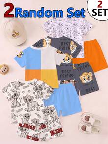 2 Set Acak untuk Bayi Laki-laki dari 4 Set Kaos & Celana Pendek. Motif Hewan Lucu, Motif Blok Warna, Motif Huruf. Kaos Leher Bulat Dipadukan dengan Celana Pendek Bermotif Serupa. - MultiWarna - View 2