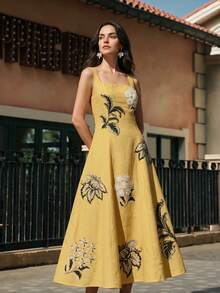 Anewsta Elegant Floral Print Spaghetti Strap Dress For Women - Yellow - View 3