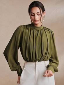 Anewsta Essential Women's New Long Sleeve Elegant Green Round Neck Bodysuit, Army Green Women's Clothing, Vacation Outfit - Army Green - View 4