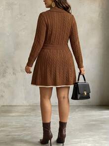 Linhara CURVE Plus Size Women's Knit Sweater & Skirt Set With Shell Buttons, Solid Color Ribbed Collar, Elegant Casual Style For Daily Commute, Office And Vacation - Khaki - View 2