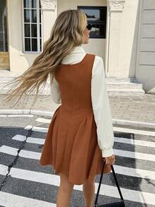 Serisse Women's Fashion Casual Solid Color Shirt & Bib Skirt 2 Pieces Set - Brown - View 2