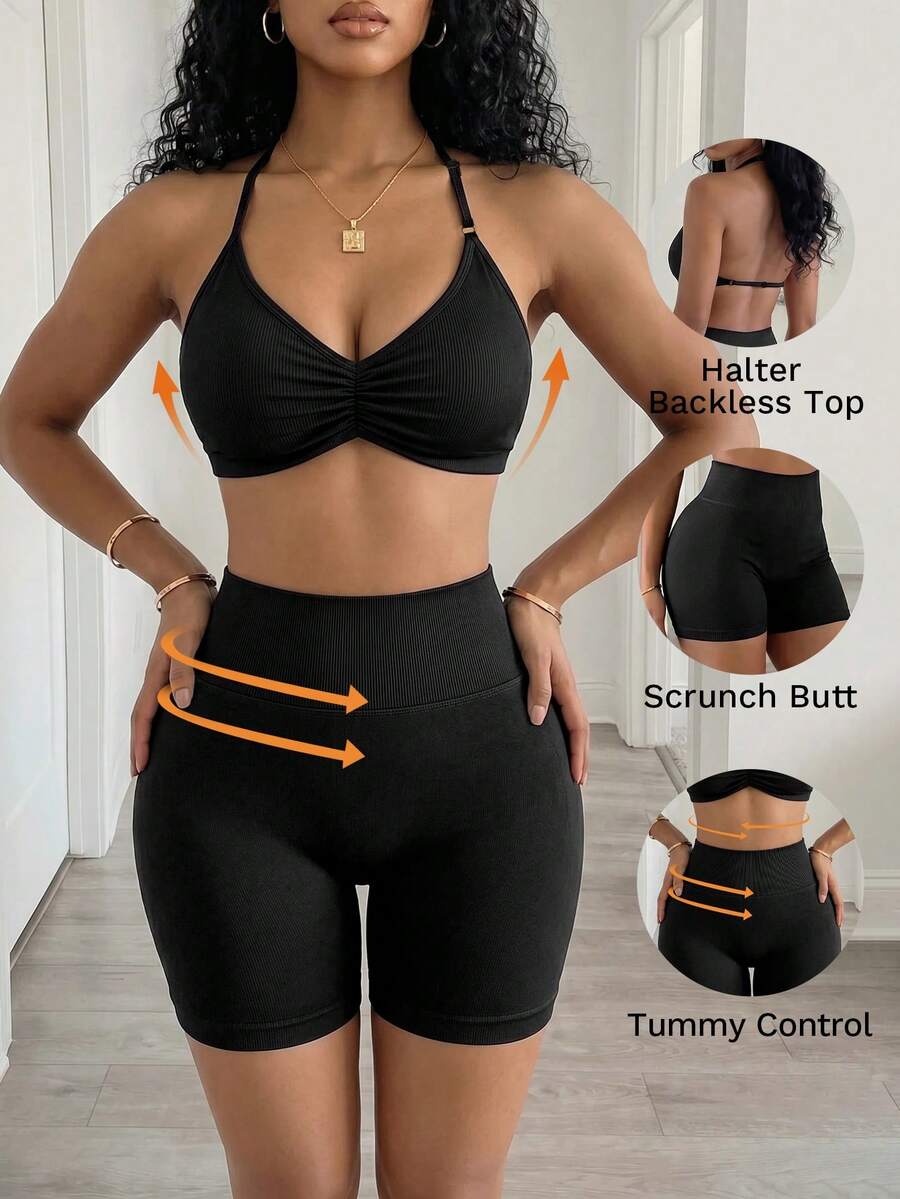 Gameset SHEIN Sport 女士纯色褶皱吊带文胸和短裤运动套装 - 紅色 - 查看 1