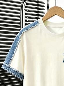 SHEIN 青少年男孩字母印花拼色側邊拼接T恤與短褲套裝 夏季返校街頭風休閒短褲套裝 - 彩色 - 查看 5