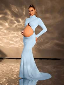 Cheriluna Maternity 孕婦純色高領長袖鏤空設計孕婦洋裝 - 淺藍色 - 查看 1
