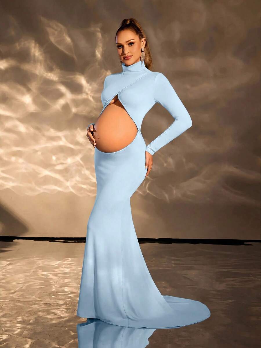 Cheriluna Maternity 孕婦純色高領長袖鏤空設計孕婦洋裝 - 淺藍色 - 查看 1