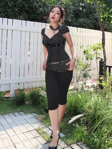 ROMWE X Isabelle Nguyen Y2K Polka Dot Bowknot Design Women T-Shirt - Black - View 4