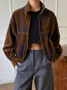 DAZY Women's Small Stand Collar Long Sleeve Loose Denim Jacket And Coat Fall - Brown - View 1