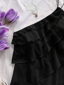 Soleia Top de moda sin mangas con un solo hombro y volantes de varias capas en unicolor para mujer - Negro - Ver 5