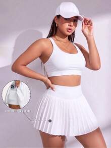 SHEIN Unity 2PCS Women's Sports Set White Tight Bra Wide Adjustable Straps Cross Back Removable Pads High Waist Pleated Skirt Lining Gym Tennis Summer - White - View 1