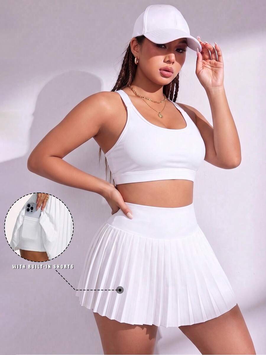 SHEIN Unity 2PCS Women's Sports Set White Tight Bra Wide Adjustable Straps Cross Back Removable Pads High Waist Pleated Skirt Lining Gym Tennis Summer - White - View 1