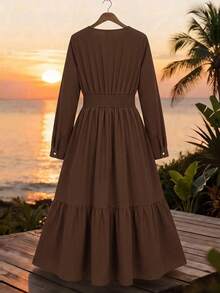 GlowEve CURVE Gaun Lengan Panjang Polos Elegan Ukuran Plus untuk Komuter - Coffee Brown - View 2