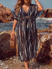 SHEIN Swim 夏季海灘度假流蘇裝飾大尺碼女款紮染和服式開襟衫 - 黑與白 - 查看 3