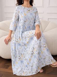 Al Najma 女款時尚花卉印花百褶長袖阿拉伯風度假洋裝 - 藍色 - 查看 4