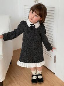 DAZY Infant/Toddler (Girl) Contrast Color Patchwork Short Sleeve Dress With Collar - Grey - View 5