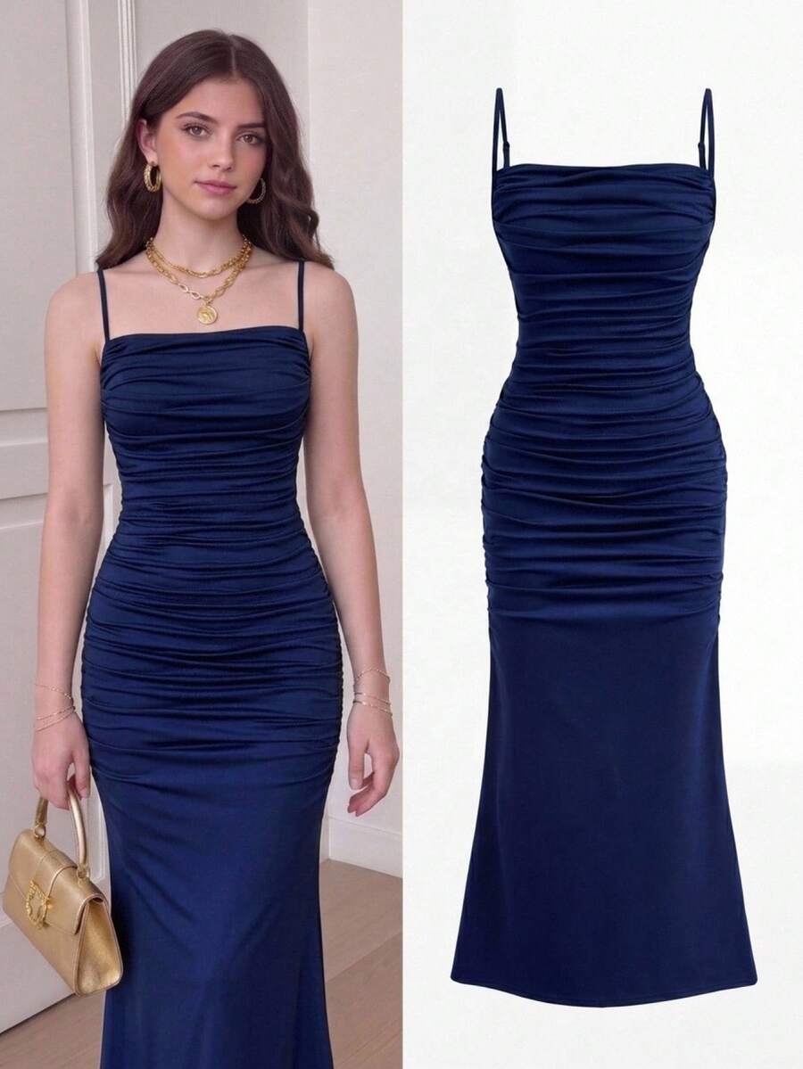 Girlism Kids Teen Girls New Navy Blue Solid Color Knitted Ruched Fishtail Hem Elegant Dress, Suitable For Graduation Ceremonies And Evening Gowns - Royal Blue - View 1