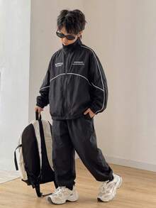 SHEIN 兒童青少年男孩休閒百搭立領棒球夾克防風外套，適合通勤、上學、日常休閒外出與運動，秋冬款 - 黑色 - 查看 2