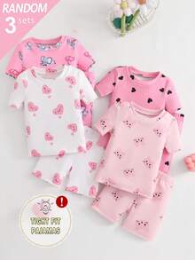 3 Sets Random Baby Girls Cute Heart & Cartoon Print Short Sleeve Shorts Knit Snug Fit Pajamas Set - Multicolor - View 3