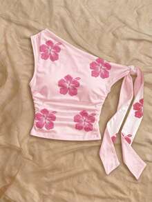Soleia 女款休閒度假可愛仿真刺繡花卉印花不對稱領綁帶上衣，日常通勤穿搭，無胸墊 - 彩色 - 查看 5