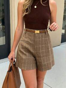 EMERY ROSE Summer Casual Commute Plaid Shorts - Brown - View 4