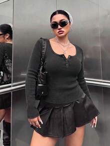 Muchica Plus Size Women's Early Autumn Solid Color Washed Distressed Retro 80s 90s Slim Fit Casual Long Sleeve T-Shirt White Formal Vacation Black - Black - View 3