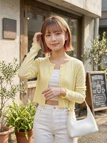 Easowa Women's Casual Solid Color Button-Front Lightweight Jacket Light Yellow Ribbed Fall Teacher Back To School Going Out Jacket - Yellow - View 1