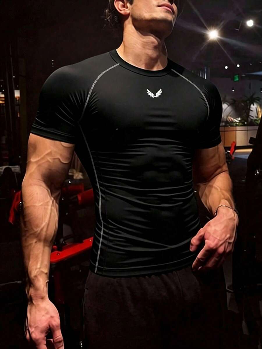 GymBeat 男士短袖修身健身運動T恤 - 黑色 - 查看 1