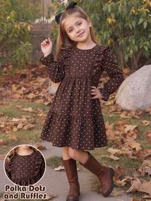 Emery Rose Kids Emery Rose Kids 少女編織可愛休閒波點圖案荷葉邊法式連身裙，長袖洋裝，適合夏秋季節，適合休閒日常穿著與上學，母女/姊妹套裝 - 彩色 - 查看 1