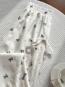 Elamini Sweet Cute Lace Trim Patchwork Bow Print Casual Commuter Wide Leg Long Pants - White - View 7