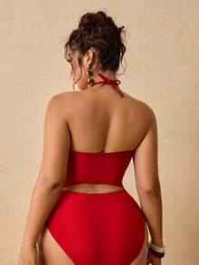 Travachic Plus Size Women's Solid Color Ruched Halter One-Piece Swimsuit, Suitable For Beach Vacation, Pool Party, Beach Party Swimsuits Bathing - Red - View 3