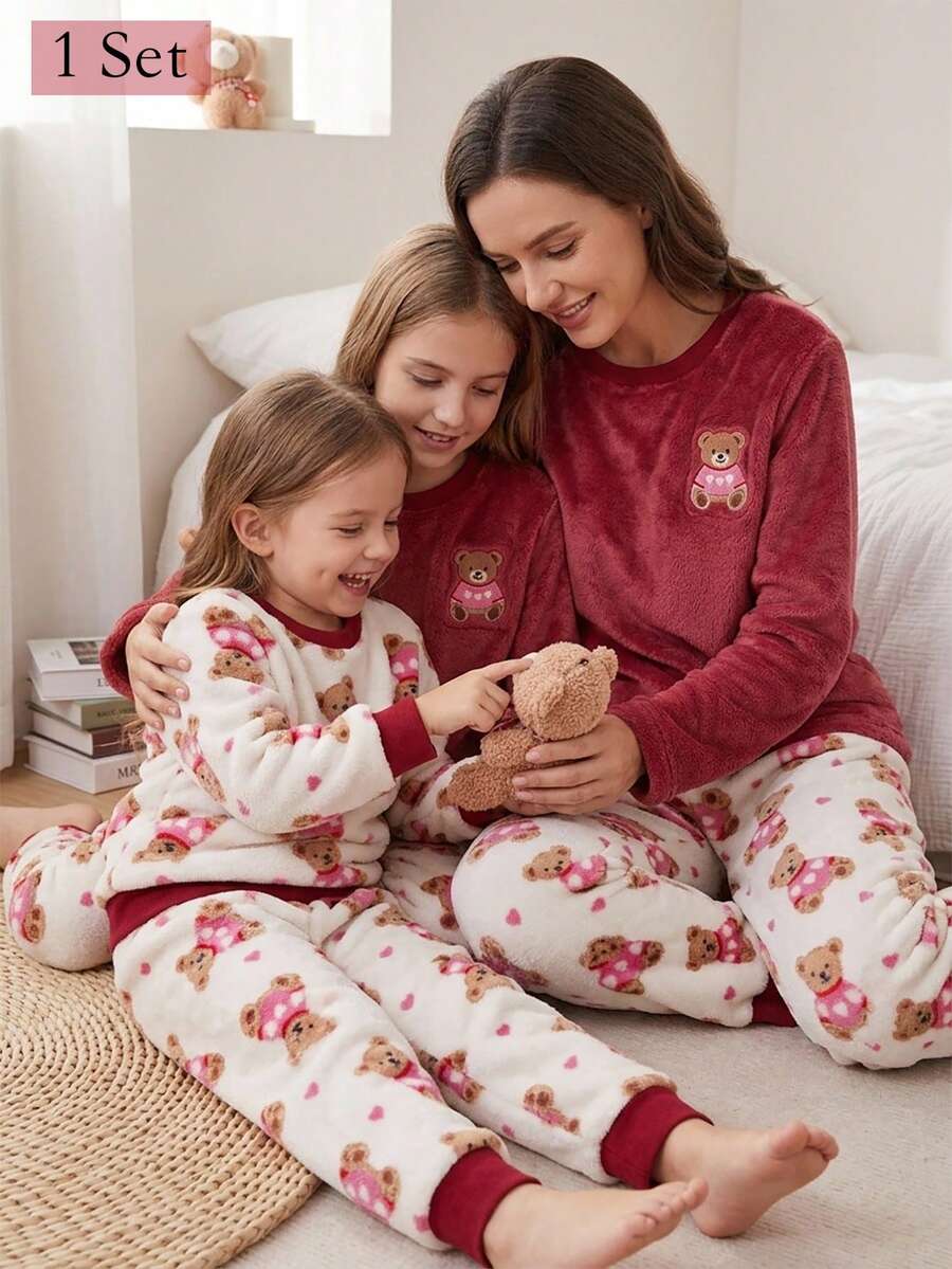 SHEIN 女童灰色愛心圖案舒適長褲與長袖兩件套,秋冬居家休閒服 - 彩色 - 查看 1