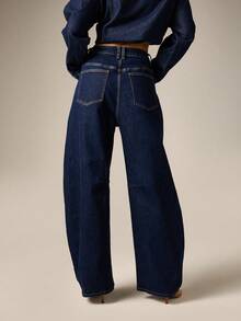 AiiRZ Wide Leg Dark Wash Denim Jeans With Button Side Seam Detail Mid Rise Full Length Barrel Fit Fall Winter Style - Dark Wash - View 3