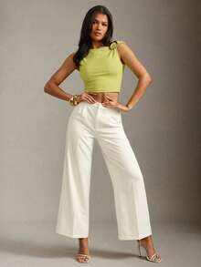 Hauture 女款基礎休閒通勤上衣，老錢風象牙色，肩帶飾金屬裝飾 - 黃色 - 查看 3