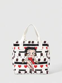 Betty Boop x SHEIN 白色愛心字母印花燈芯絨保溫便當袋 便攜手提保溫便當托特包 - 卡通-2 - 查看 2